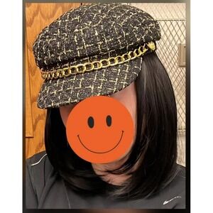 Wig Women Tweed Plaid Hat Cabbie/Newsboy Cap With real hair bob Black Wig
